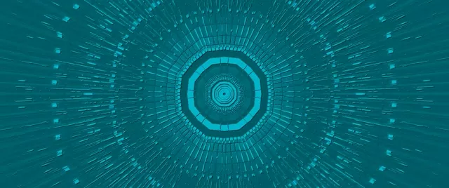 Teal oktogono neon tunela izpi erradiatu eta partikula digitalak dituzten hipnotiko zuloa VJ begizta efektua sortzen du