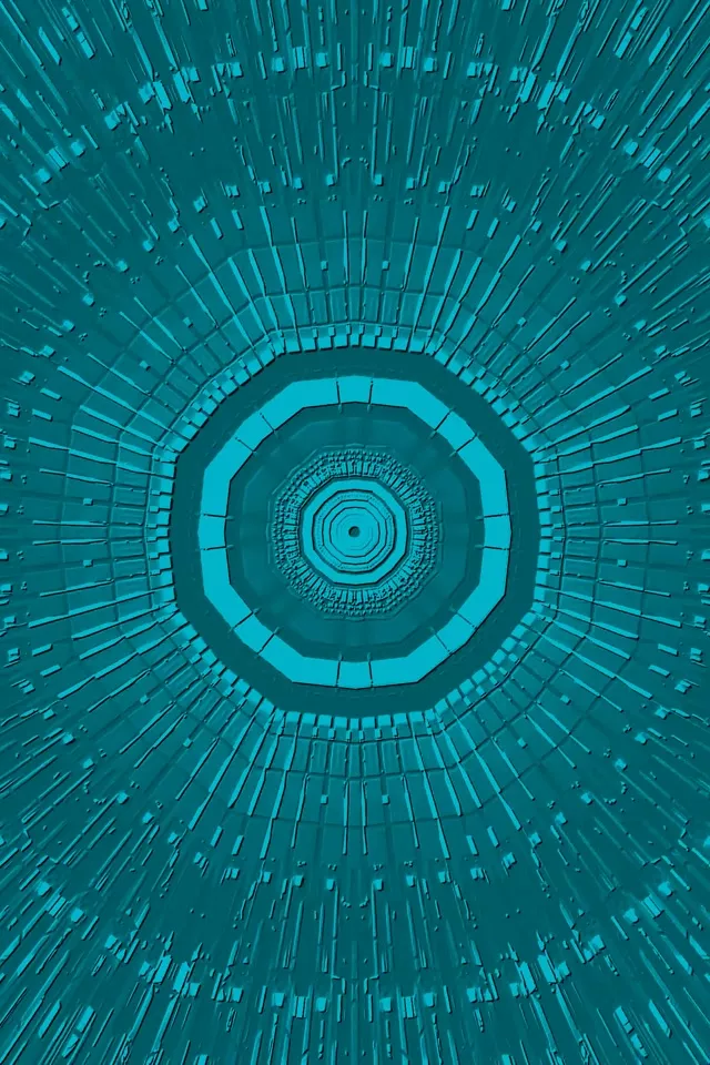Neon tunnel na octagon na concentric na teal at cyan na may radiation geometric patterns, lumilikha ng malalim na 3D vortex effect sa VJ loop na ito