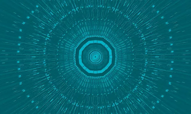 青绿色八角形霓虹隧道向内螺旋，配以同心圆环和辐射数字线条，4K抽象VJ循环动画背景