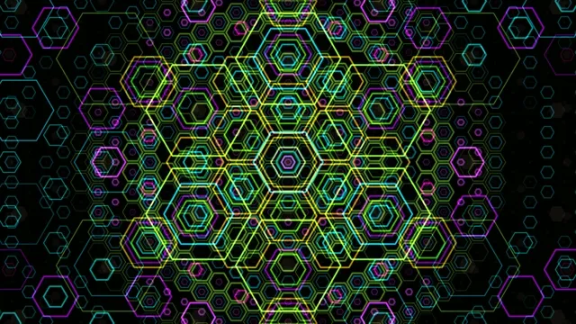 Vibrant hexagonal patterns create a colorful design in the artwork