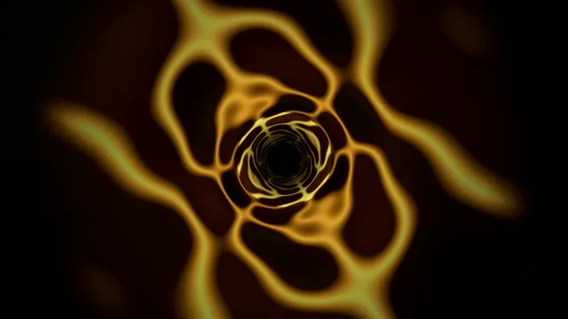 Wavy lines in yellow form a tunnel shape against a black background