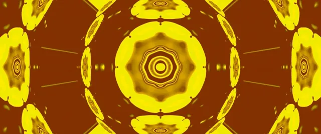 Mandala soleil doré rayonne à travers tunnel néon symétrique, cercles concentriques jaunes et marron créent effet vortex hypnotique, boucle VJ abstraite