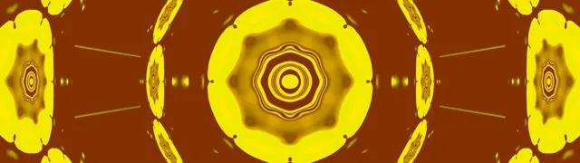 Terowong mandala neon emas dengan bulatan sepusat dan sinar cahaya bersinar, gelung VJ 32:9 ultrawide dalam nada kuning dan cokelat yang cerah