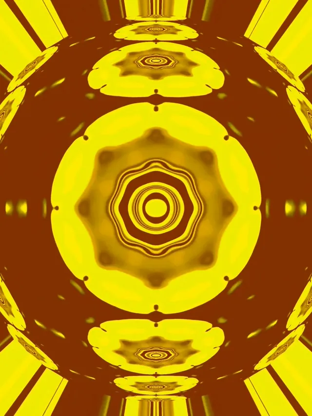 Златна мандала с концентрични кръгове в светлинен жълт неонов туннел, хипнотизиращ вихрен ефект за VJ цикли