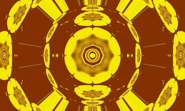 Zlatni neonski mandala kaleidoskop tunel s koncentričnim krugovima i simetričnim geometrijskim uzorcima, 60fps VJ petlja