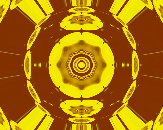 Auksinis neono tunelis su koncentriškais mandala apskritimais, geltona-ruda žibanti sūkurys, simetrinis geometrinis VJ ciklas