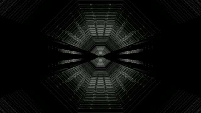 Neon tunnel 60fps with geometric hexagonal symmetry and dark industrial...