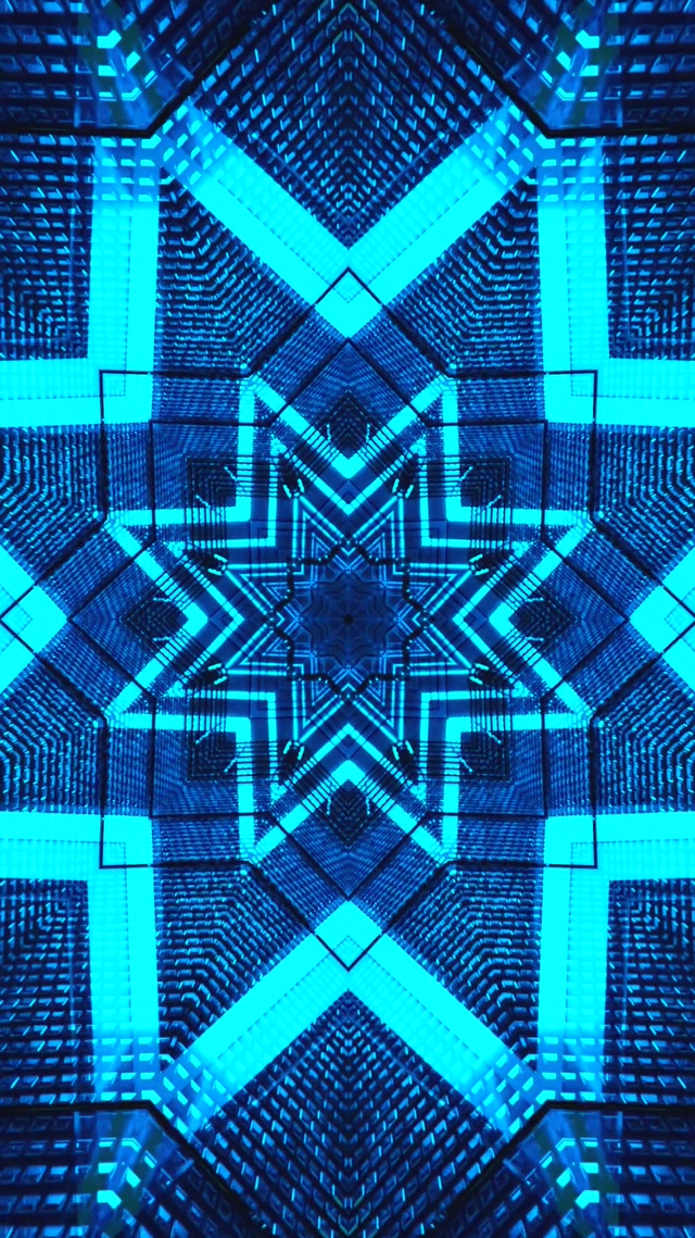 Blauwe Neon Tunnel Geometrische Kaleidoscoop VJLoops Screensaver Windows 11 9:16 Reels 60fps