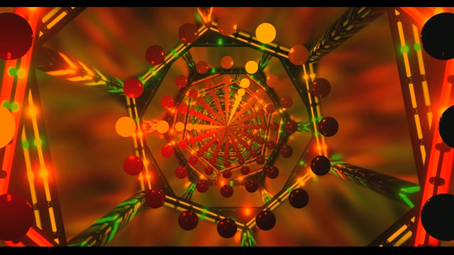 Túnel Geométrico Abstrato com Esferas Laranja Verde - VJLoops Psicodélico
