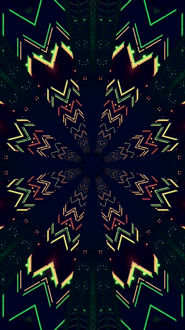 Neon Tunnel Kaleidoscope Green Gold 60fps 9:16 Reels Screensaver PC Vj Loop