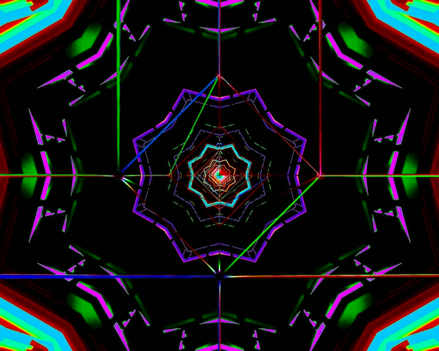 Kaleidoskop neon tunel šetrič obrazovky windows 11 VJ loop 5:4 industrial 60fps fialový azúrový geometrický