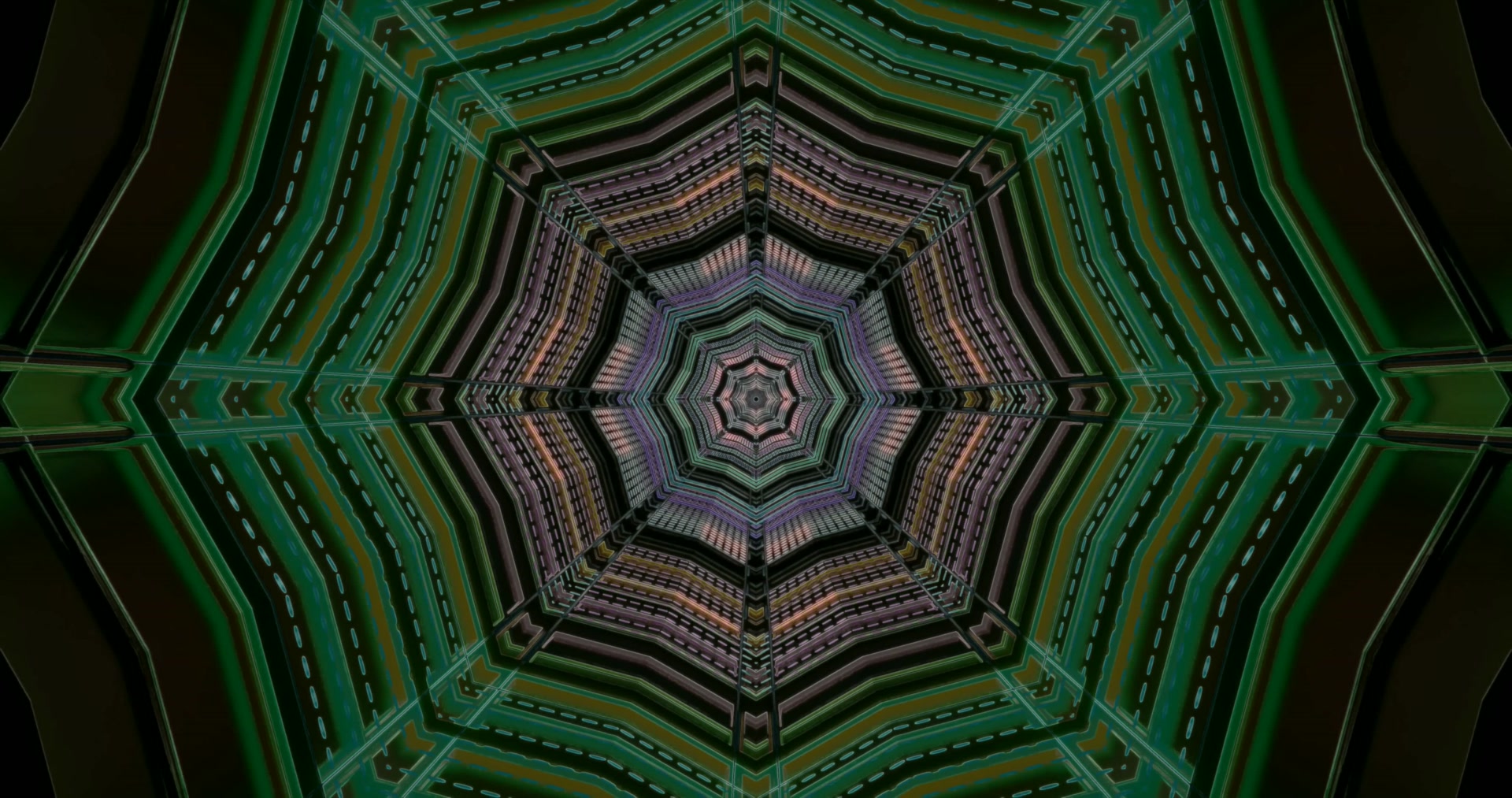Neon Tunel Kaleidoskop Zelený Fialový 4K UHD 60fps Šetrič Obrazovky Windows 10 VJ Loop