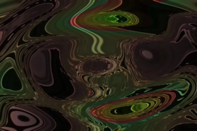 SCHRITT 1: Das Bild zeigt organische, fließende Formen in Neon-Farben (Grün, Rosa, Braun) mit